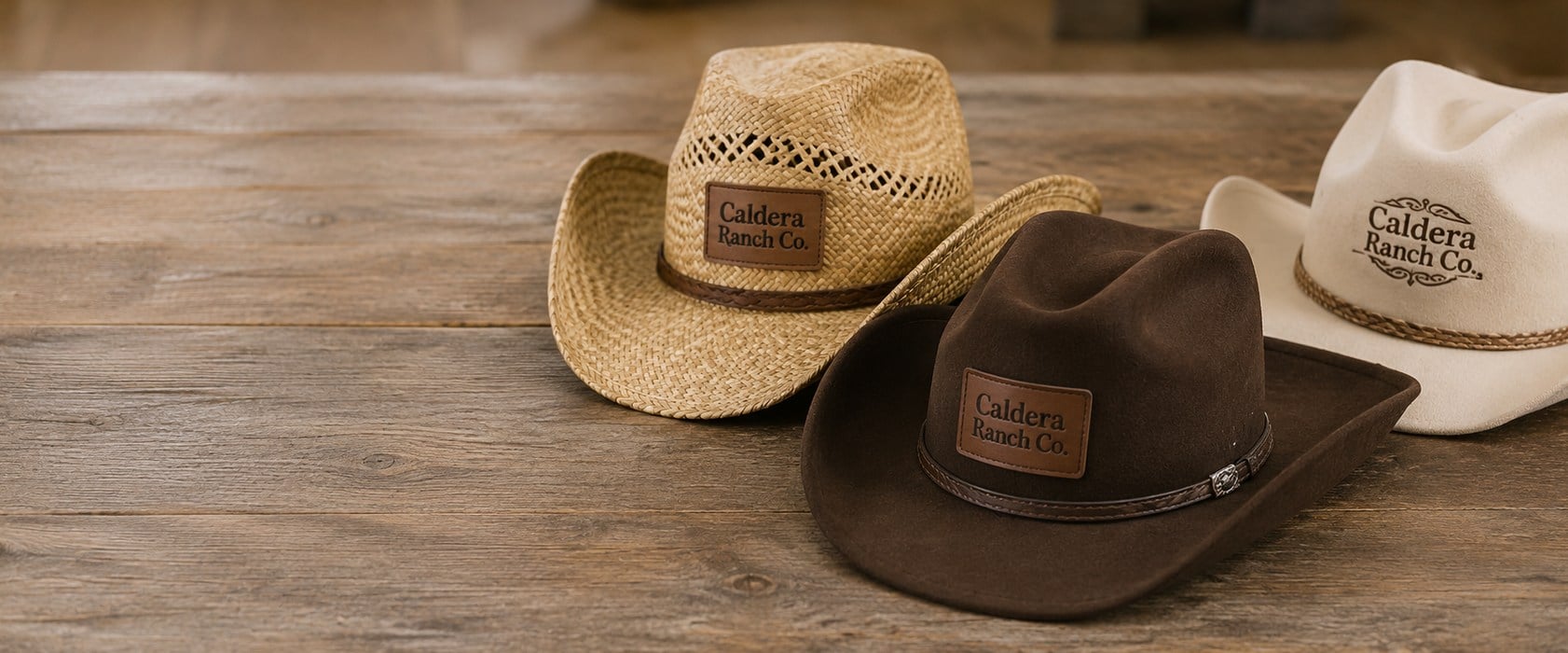 Custom branded cowboy hats lined up on a rustic wooden rack