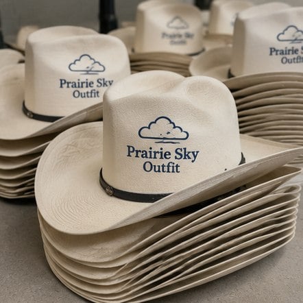 Custom cowboy hats in bulk stacked before an event