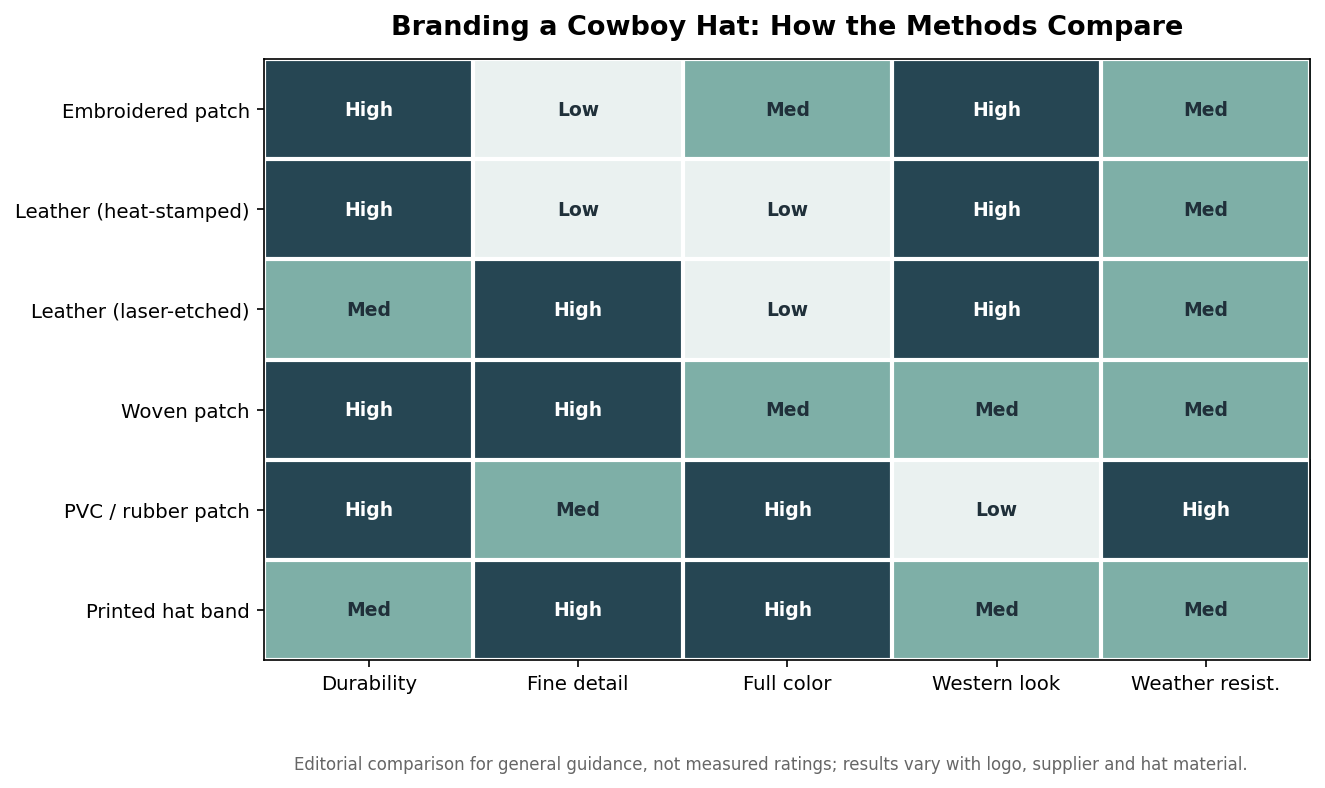 Editorial heatmap comparing embroidered, leather heat-stamped, leather laser, woven, PVC, and printed-band cowboy hat branding across durability, detail, color, western look and weather resistance